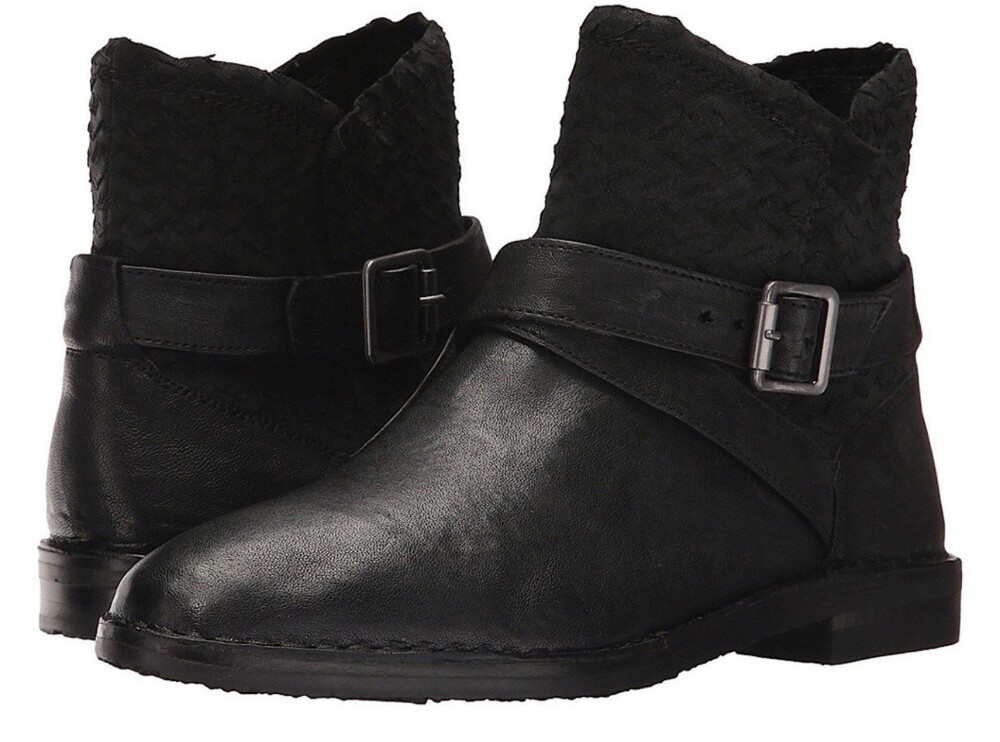 Trask Alexa Bootie Black Leather ankle booties with Buckle Detail